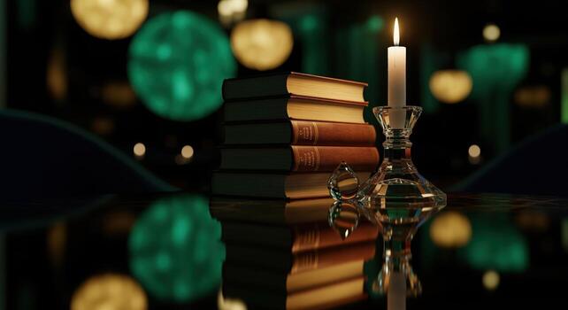 Elegant stack of old books and a lit candle on a dark reflective surface with bokeh lights photo