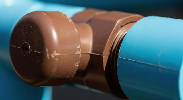 Macro photograph of a brown plastic valve handle connected to a blue PVC pipe photo