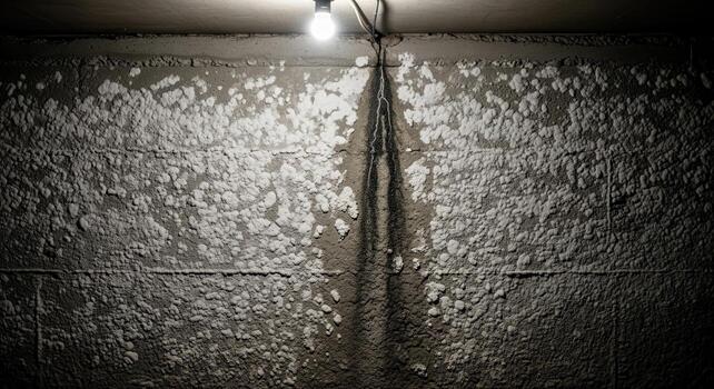 Damp concrete basement wall with severe efflorescence and water damage under a single light bulb photo