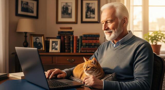 Smiling senior man with white beard using laptop, an orange cat resting on his lap at home photo