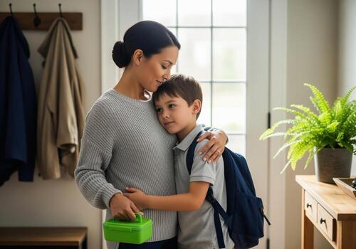 Mother and son sharing a comforting hug in a home entryway, ready for school with a lunchbox photo