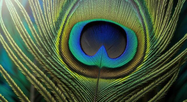Breathtaking close up of a vibrant green peacock feather with intricate ocelli pattern photo