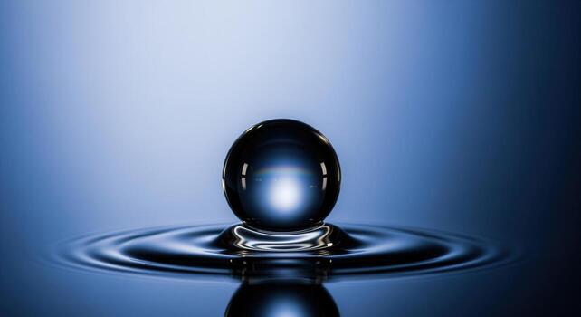 Close up of a perfectly spherical water droplet balanced on a liquid surface with ripples photo