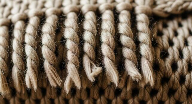 cerca arriba de mano de punto fornido lana bufanda con natural harina de avena flecos borde textura foto