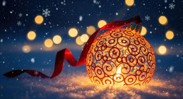 Glowing golden christmas ornament with red swirls in snow, bokeh lights and falling snowflakes photo