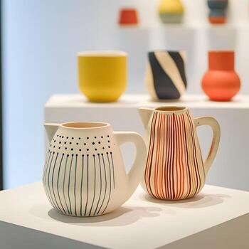 cerámico estriado floreros con patrones en monitor en un tienda ventana. cerámica Arte. cerca arriba, selectivo enfocar. foto