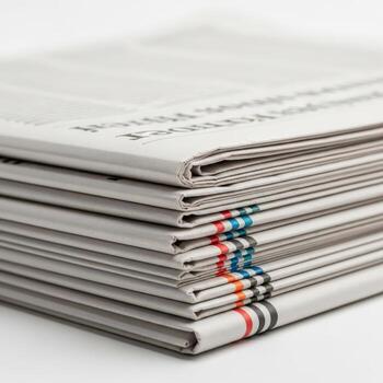A stack of folded newspapers tied together with colorful threads on a white background photo