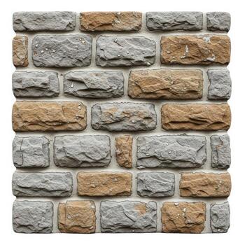 Rustic stone wall with varying shades of gray and brown isolated on white background, creating a textured pattern photo