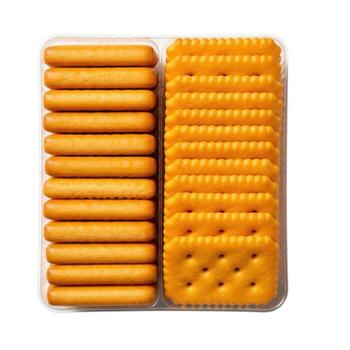Closeup of a tray filled with rows of crispy crackers and biscuit sticks isolated on white background photo