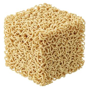 A cube of dried instant noodle block, isolated on white background, ready to be cooked for a quick and easy meal photo