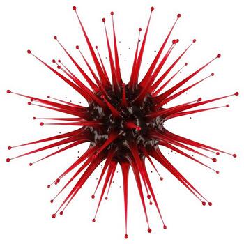 Abstract red spiky starburst shape with dark center and thin radiating filaments photo