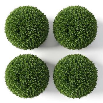 Four round green artificial topiary balls arranged in a square on a white background photo
