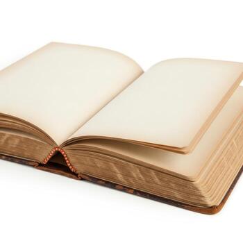An open antique book with blank aged pages on a white background photo