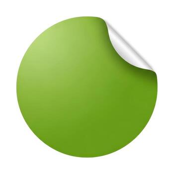 Blank green circle sticker with peeling corner isolated on white background for design photo