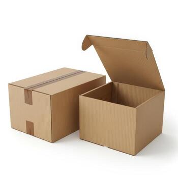 Two cardboard boxes one closed and sealed the other open showing its interior space photo