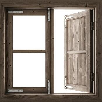 Rustic wooden window frame with one pane open revealing bright white light photo