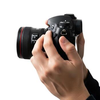 A person holding a black dslr camera isolated on white background is ready to take a picture photo