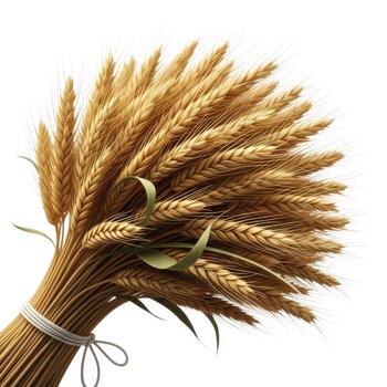Golden wheat stalks tied with string isolated on white background, symbolizing harvest and abundance photo