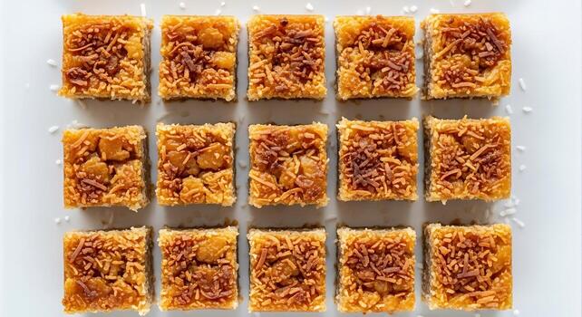 Top view of several squares of coconut rice cake on a white surface arranged in a grid pattern photo