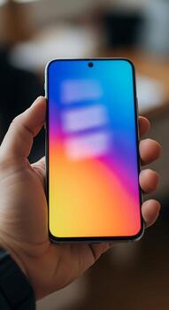 A hand holding a smartphone displaying a vibrant colorful gradient on its screen with blurred background photo