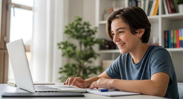 Teenager smiling while using a laptop computer with a bookshelf and plant in the background photo