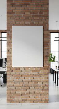 Blank canvas on brick wall in office space with desks and windows for mock up display or presentation photo