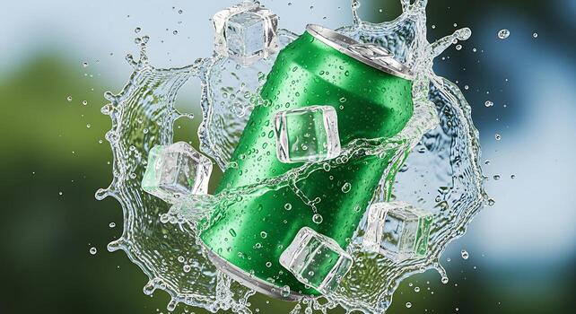 A refreshing green soda can surrounded by ice cubes and a dynamic water splash on a blurred backdrop photo