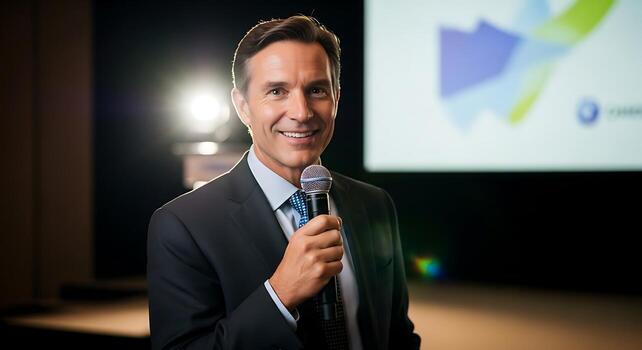 Man in suit holding microphone giving a presentation on stage with a screen in the background photo