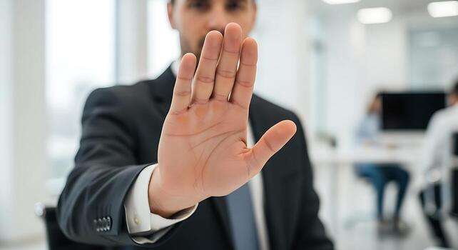 Man in suit holding hand up in a stop gesture in an office setting with coworkers in the background photo