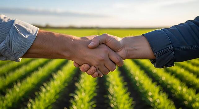 Close up of a handshake between two people in front of a green field with rows of crops visible photo