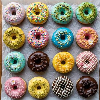 un formación de vistoso rosquillas con varios coberturas arreglado en un pergamino papel antecedentes parte superior abajo ver foto