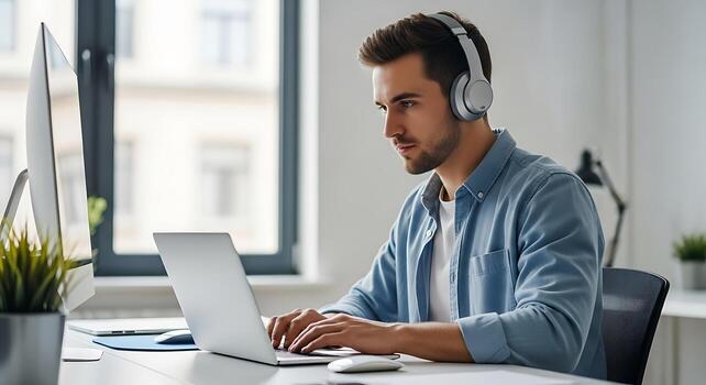 Man with headphones working on a laptop at a desk with a monitor and a window in the background photo