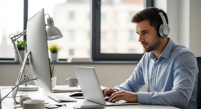 Man with headphones working on laptop and desktop computer at a bright office workspace near a window photo