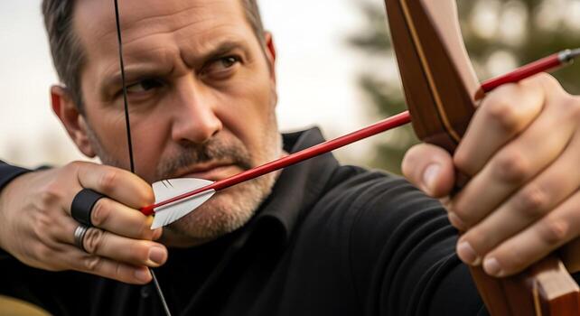 A man with a bow and arrow aiming at a target with focus and determination in outdoor setting photo