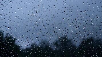 regndroppar falla på en fönster med en skog se på en molnig dag video