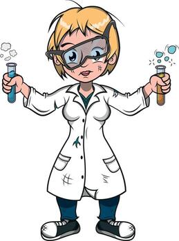 dibujos animados científico participación vasos de precipitados con burbujeante líquidos, ideal para educación, Ciencias proyectos, y laboratorio conceptos vector