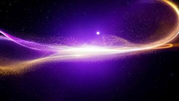 abstrakt partiklar skimmer och virvla runt i gyllene och violett ljus under en sent kväll animering video