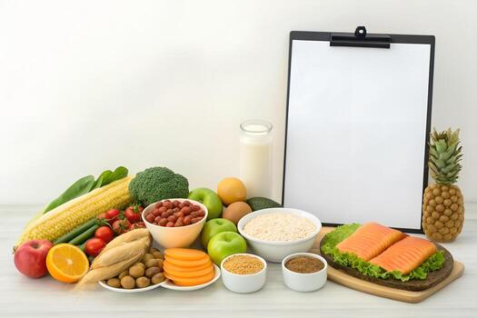 Diverse Array of Healthy Food with Clipping Board in Bright Setting photo