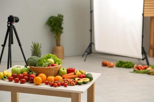 Assorted Fresh Vegetables and Fruits Displayed on Tabletop in Studio with Camera Stand photo