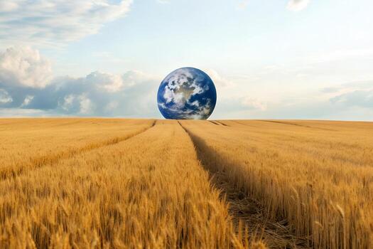 Globe Hovering Above a Ripe Wheat Field Under a Cloudy Sky in Daytime photo