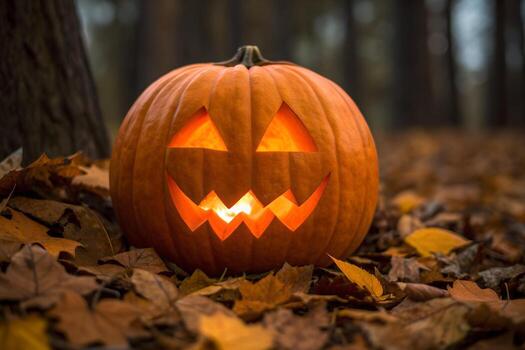 Illuminated Jack o Lantern in Forest Setting with Autumn Leaves and Tree Trunk in Soft Lighting photo