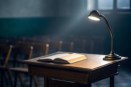 Illuminated Open Book on Wooden Podium in Auditorium with Rows of Empty Seats and Atmospheric Light photo