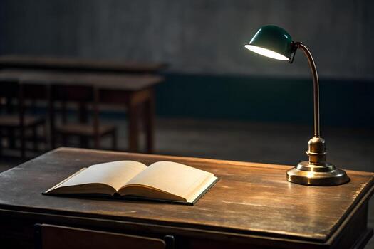 Illuminated Desk Lamp Casting a Warm Glow on an Open Book in a Classroom photo