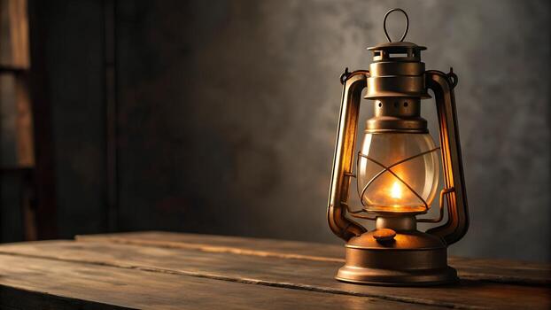 antiguo queroseno lámpara en resistido de madera mesa con suave resplandor y rústico antecedentes foto