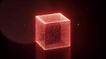 lysande kub animering på svart bakgrund med partikel effekt, skapas med dator grafik video