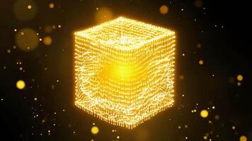 d'oro cubo di leggero punti galleggiante nel nero spazio, astratto tecnologia a partire dal futuro video