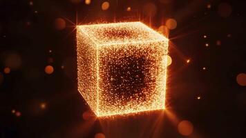 lysande partikel kub roterande mot mörk bakgrund video