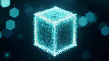 lysande kub animering med flytande partiklar på en mörk bakgrund video