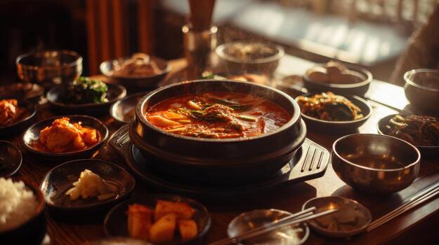 Korean Table with Kimchi Stew and Side Dishes. kimchi jjigae photo