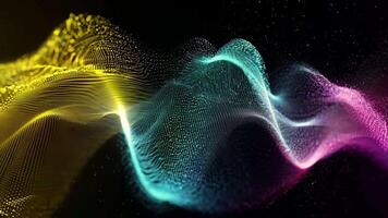 abstrakt färgrik partikel vågor strömmande på en mörk bakgrund animering video